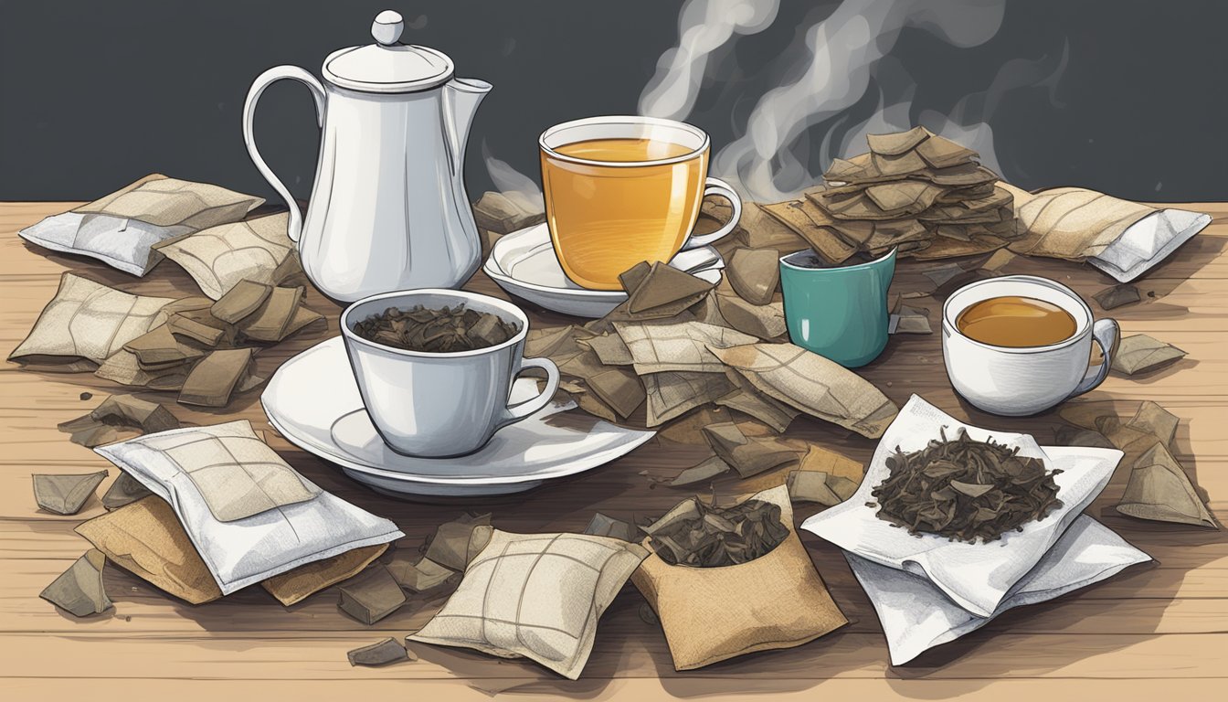 A variety of tea bags scattered across a table, with a steaming cup of tea in the center and a pile of used tea bags off to the side