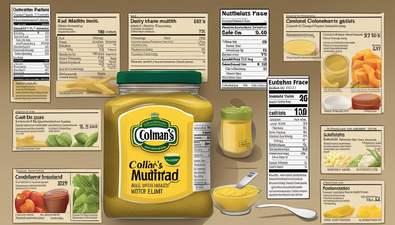 A table with various condiments, including Colman's English Mustard, next to a nutrition label showing the daily healthy limit