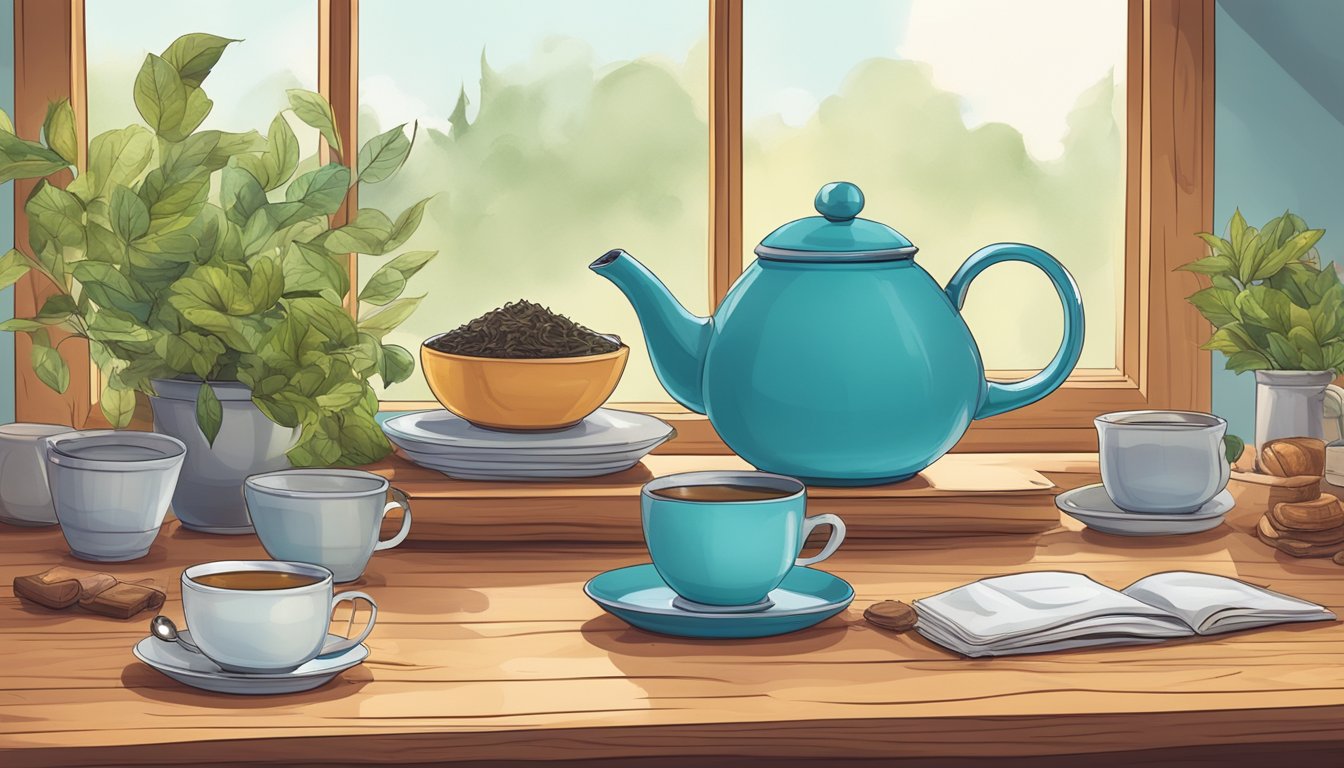 A cozy kitchen with a steaming cup of Stash tea on a wooden table, surrounded by a teapot, loose tea leaves, and a timer