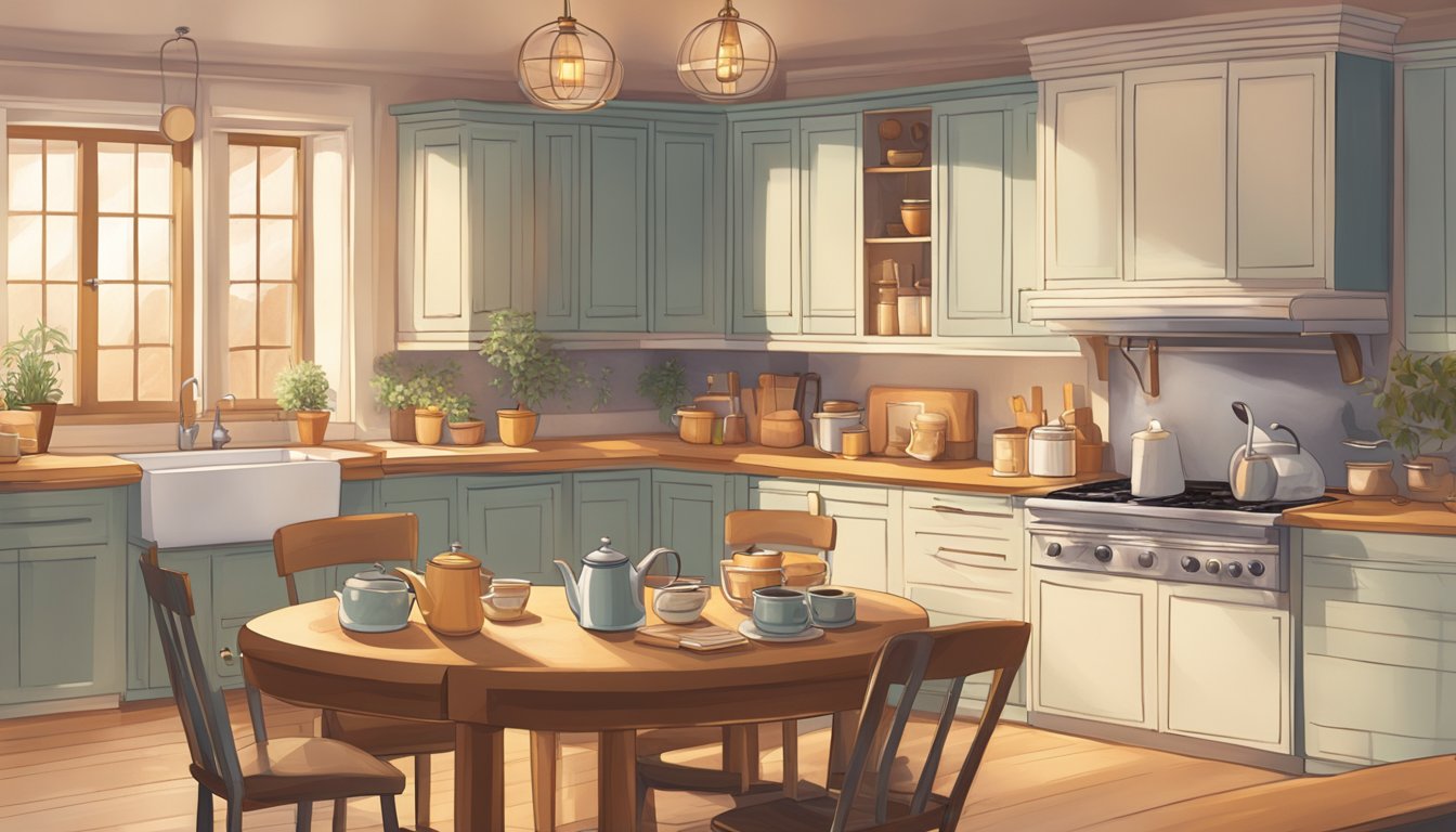 A cozy kitchen with a steaming teapot, a variety of Stash tea boxes, and a comforting atmosphere with soft lighting and a warm color palette