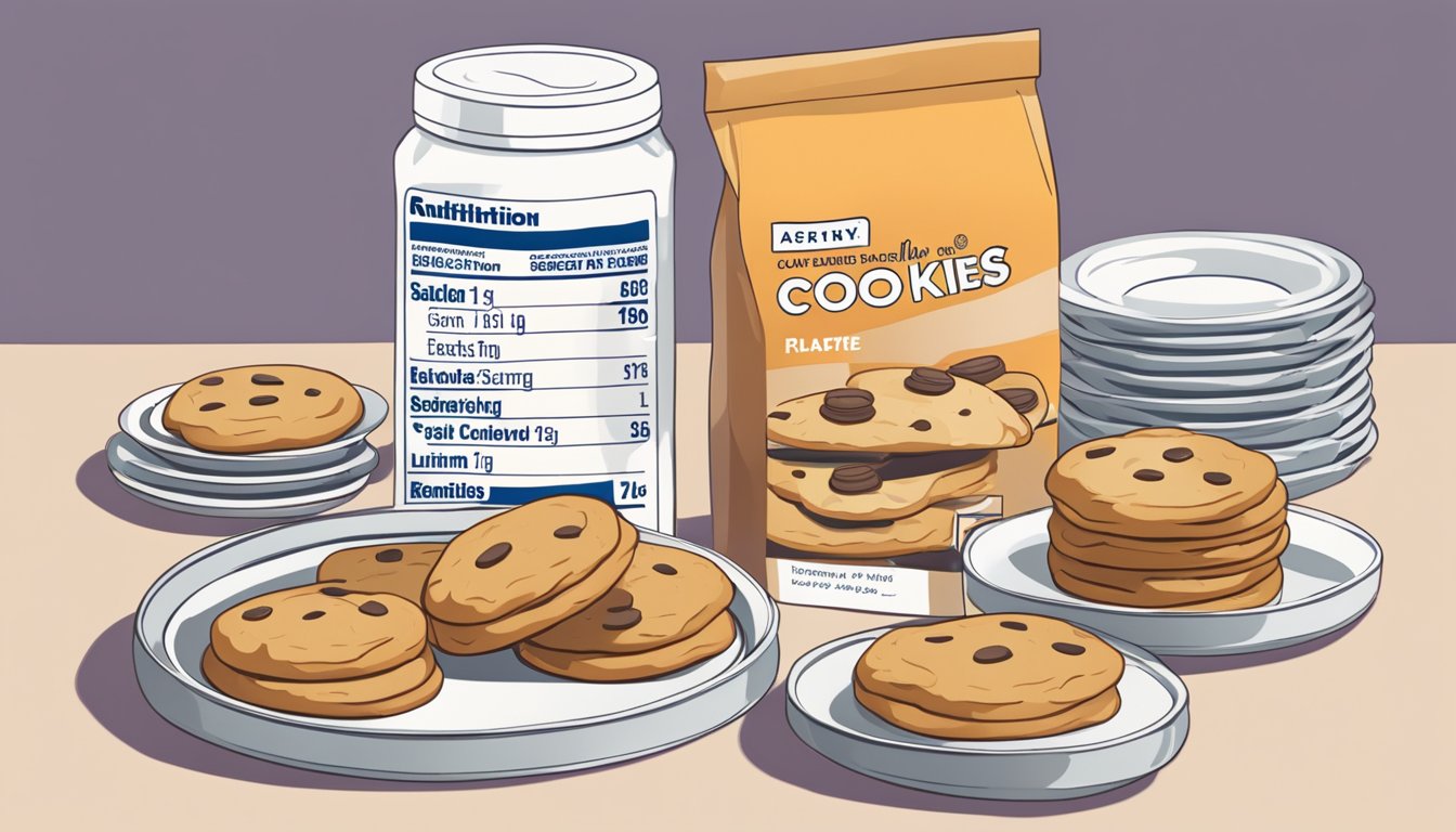 A plate overflowing with Archway cookies, with a stack of empty plates nearby. A nutrition label showing serving size and recommended limit is visible