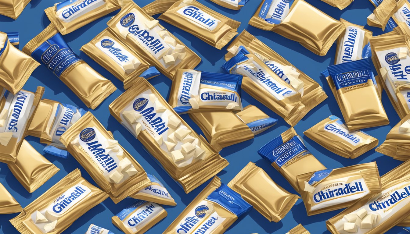 A table with an overflowing pile of Ghirardelli white chocolate bars and wrappers scattered around, indicating excessive consumption