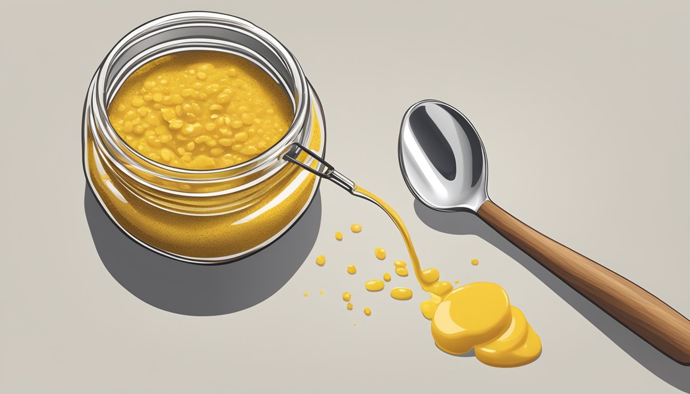 A jar of Inglehoffer Stone Ground Mustard with a measuring spoon next to it, showing a small amount being poured out