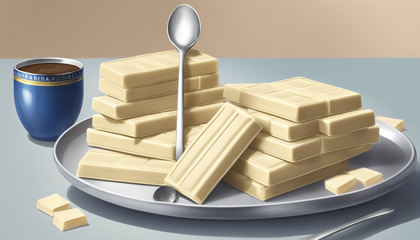 A pile of ghirardelli white chocolate bars stacked on a plate, with a measuring spoon filled with the recommended daily amount next to it