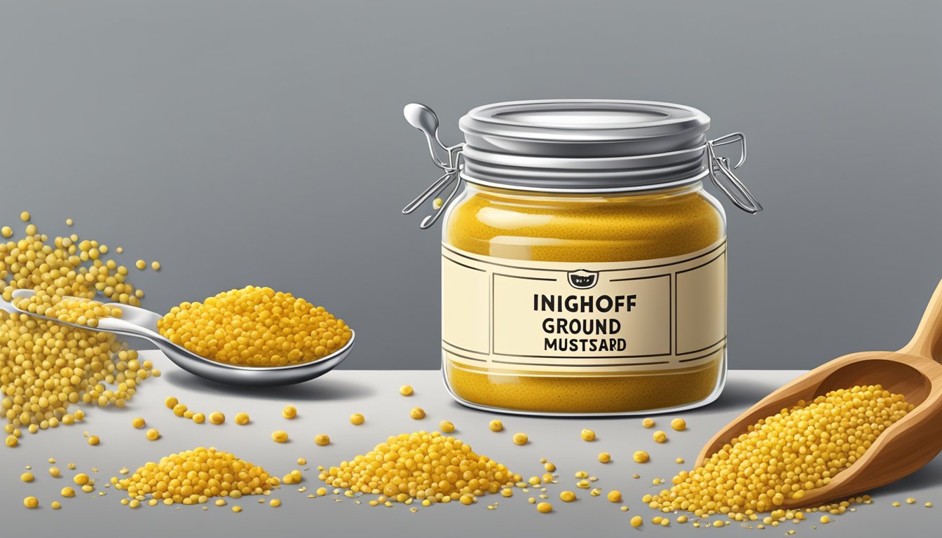 A jar of Inglehoffer stone ground mustard overflowing with a pile of mustard seeds and a measuring spoon next to it