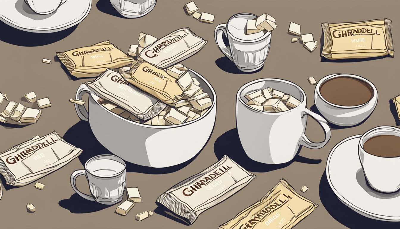 A table scattered with Ghirardelli white chocolate bars, wrappers, and empty mugs. A person holding their stomach in discomfort