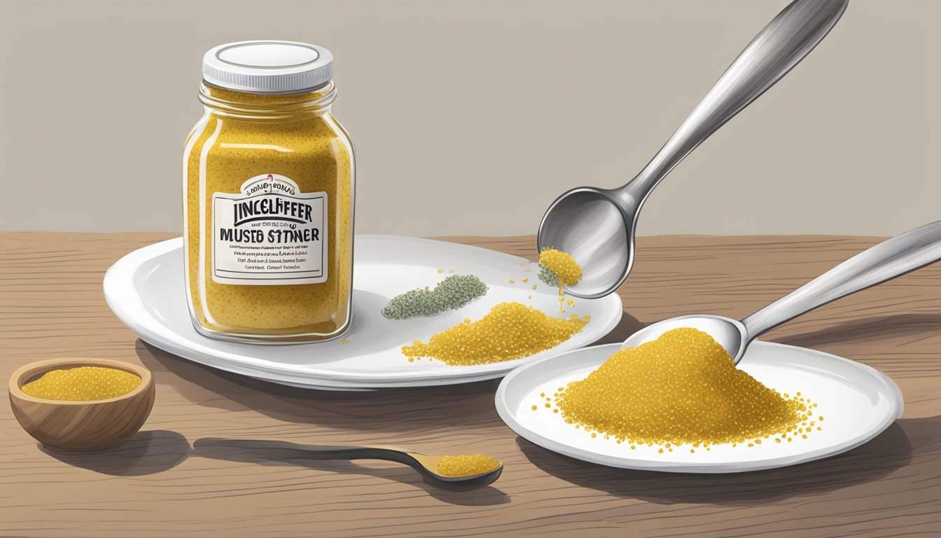 A jar of Inglehoffer Stone Ground Mustard overflowing onto a plate, with a measuring spoon next to it