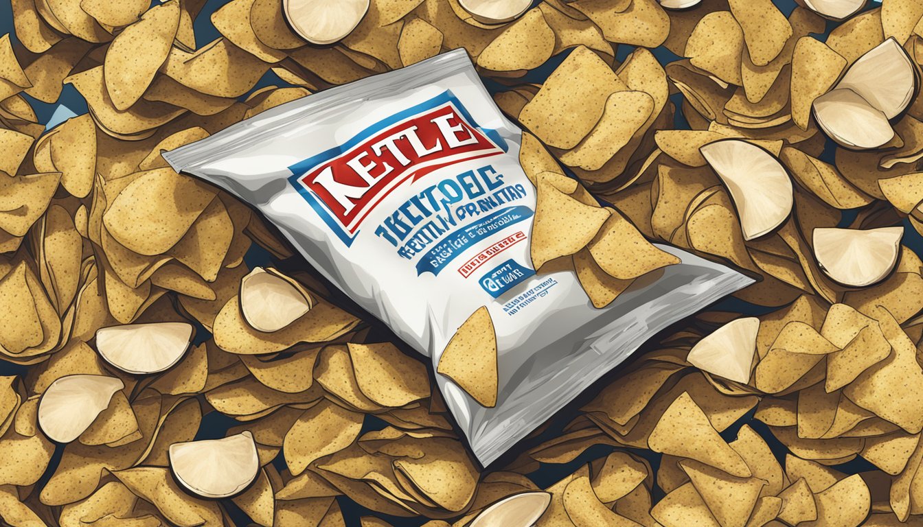 A pile of empty Kettle Brand potato chip bags stacked high, surrounded by discarded chip crumbs and a half-eaten bag