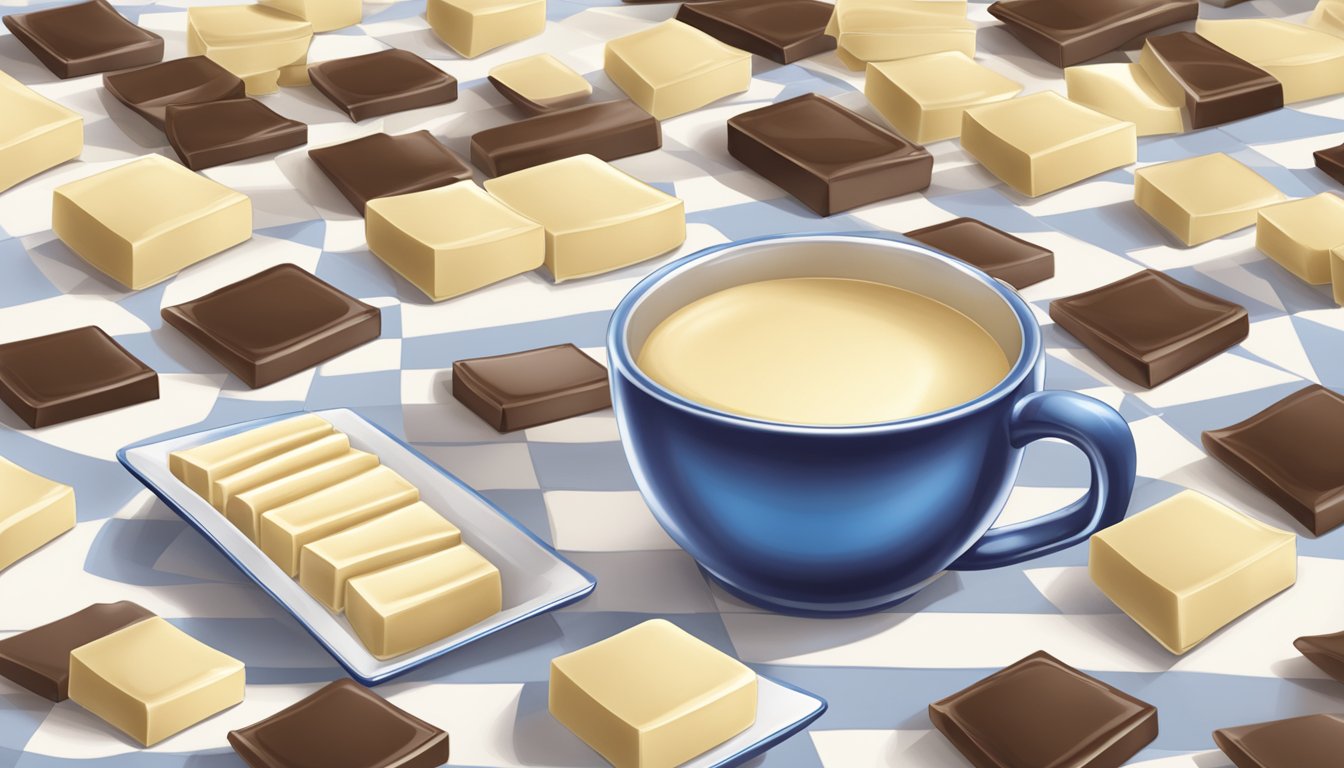 A table with a pile of ghirardelli white chocolate squares and a measuring cup