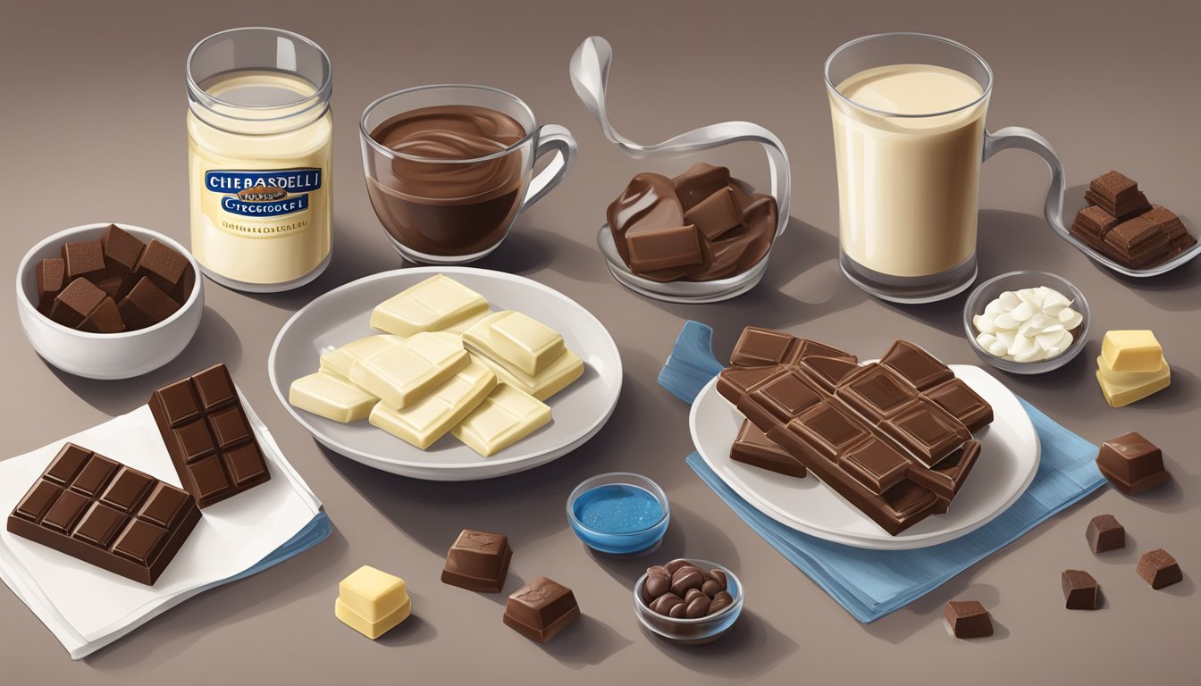 A table with a spread of various types of chocolate, including Ghirardelli white chocolate, with a measuring cup next to it