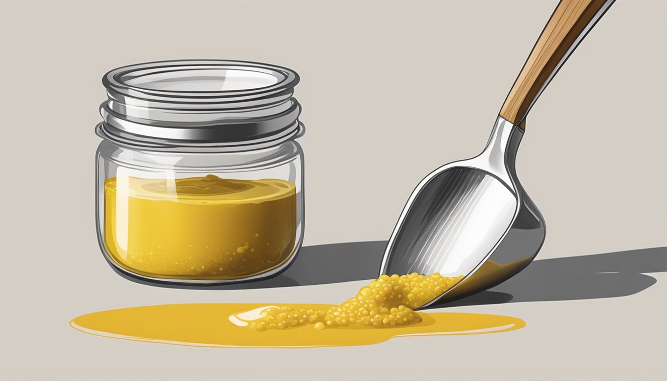 A jar of mustard with a measuring spoon next to it, showing a small amount being poured onto a plate