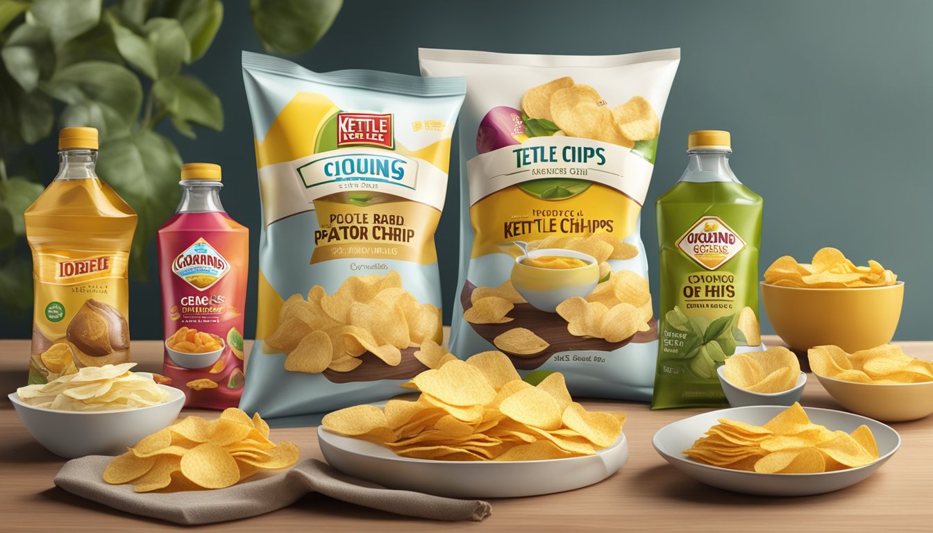 A table with various bottles of cooking oils and bowls of different flavored potato chips, with a person holding a bag of kettle brand chips