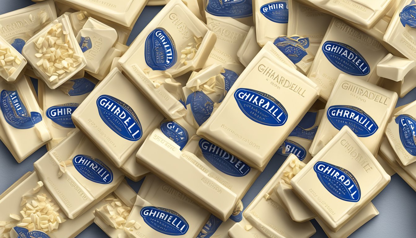 A pile of ghirardelli white chocolate bars stacked on a table, with a measuring cup next to them, indicating portion sizes