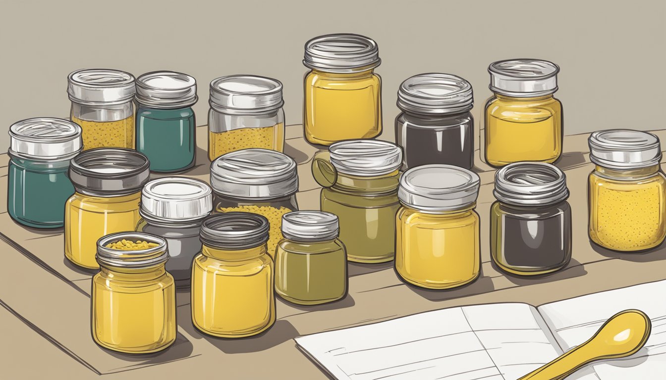 A table with different types of mustard jars, a measuring spoon, and a person pondering