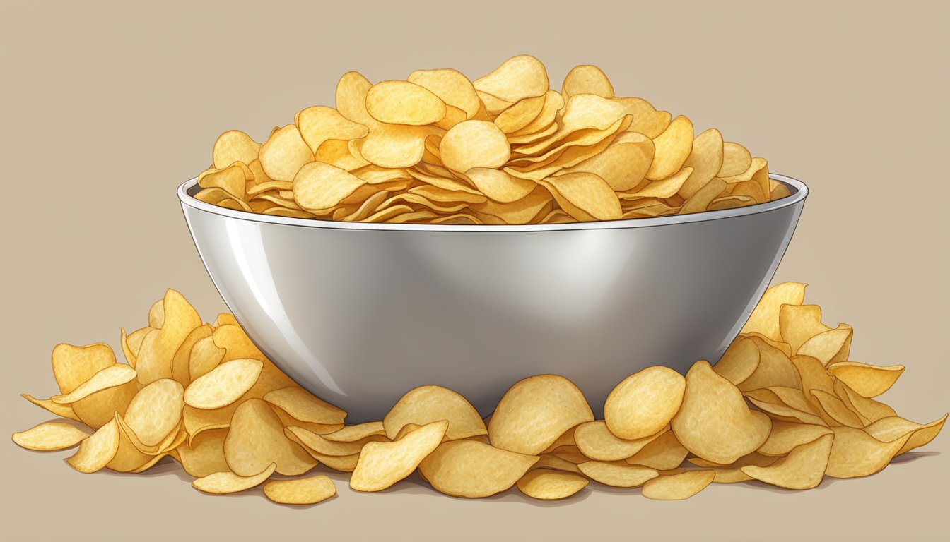 A bowl overflowing with potato chips, surrounded by empty bags