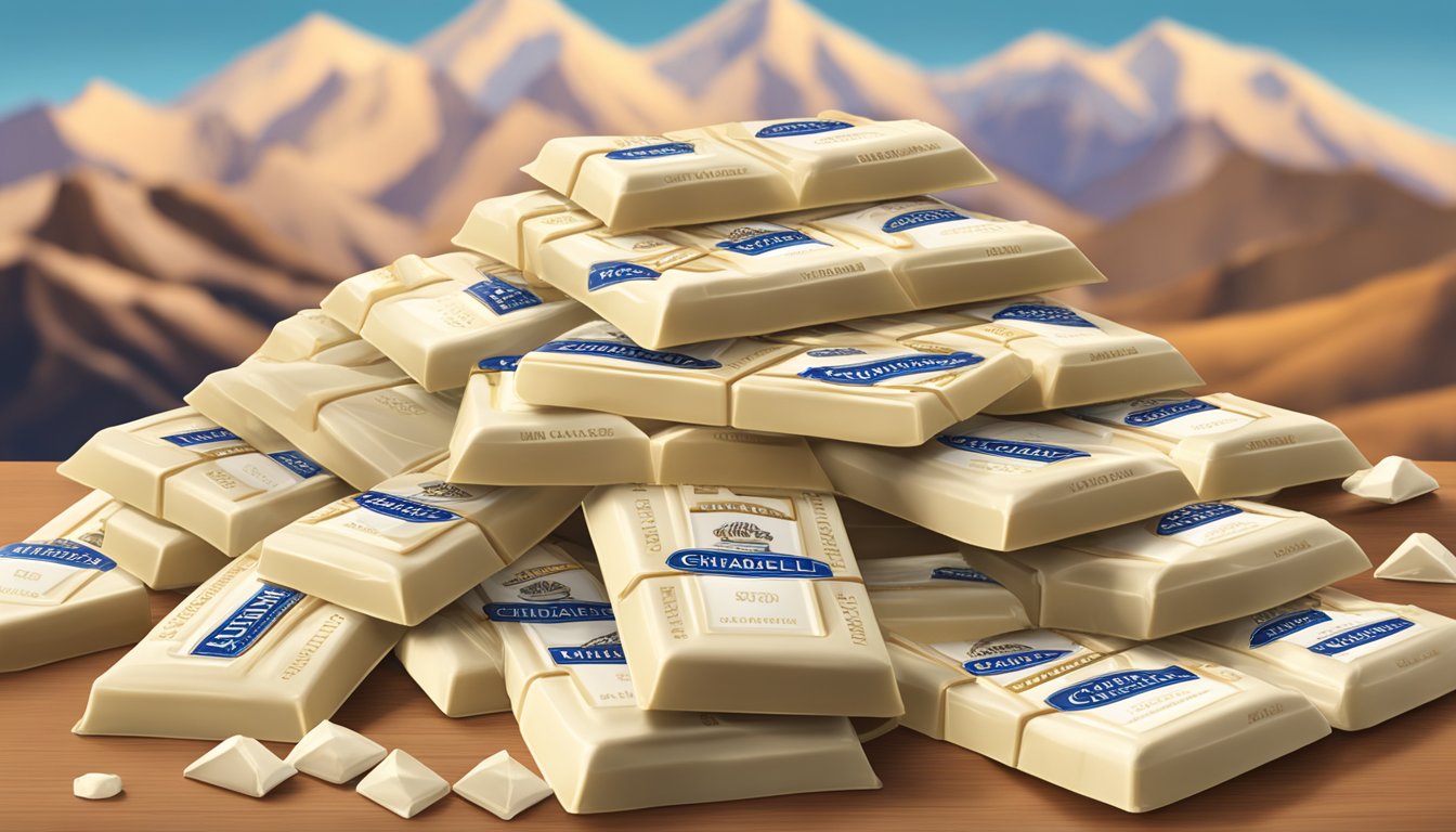 A mountain of Ghirardelli white chocolate bars piled high on a table, with a warning sign nearby