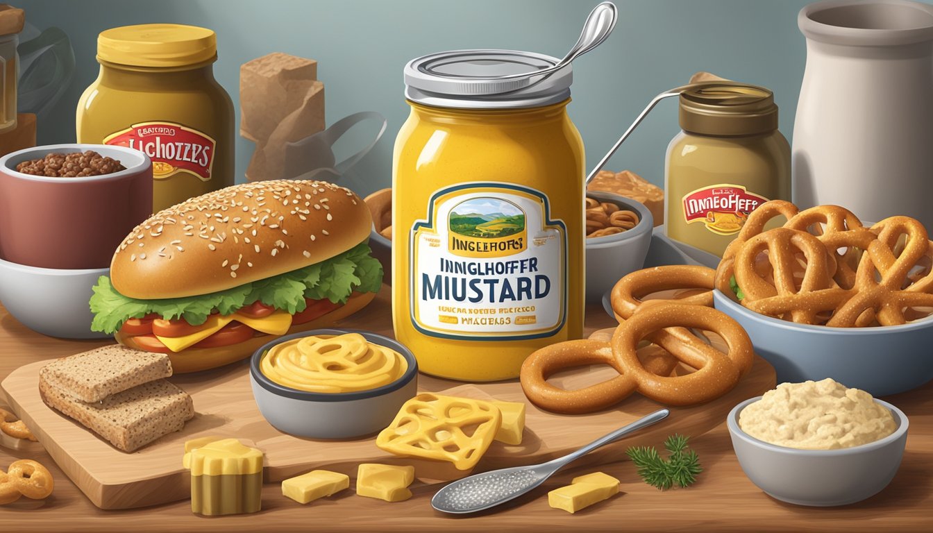 A jar of Inglehoffer Stone Ground Mustard with a measuring spoon next to it, surrounded by various food items such as pretzels, sandwiches, and hot dogs