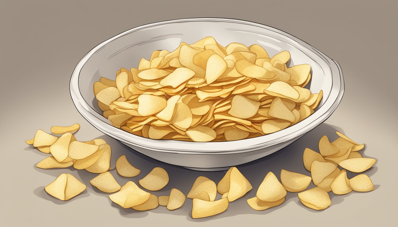 A bowl overflowing with kettle-cooked chips, surrounded by empty bags and a nutrition label