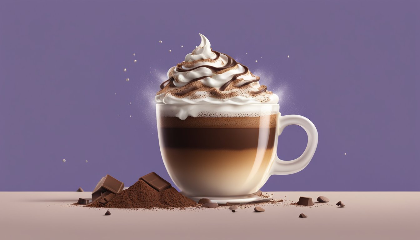 A steaming mug of Cadbury Drinking Chocolate overflowing with cocoa powder and topped with a dollop of whipped cream