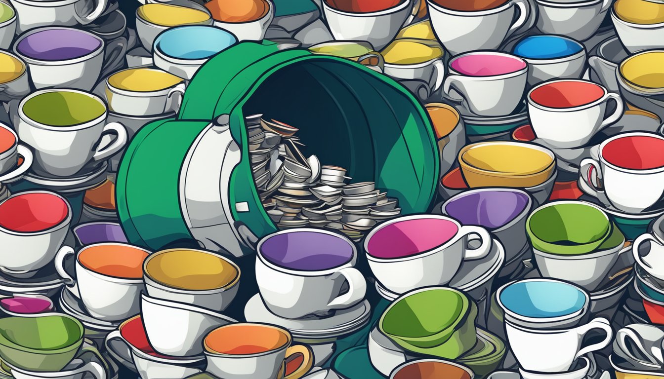 A stack of empty tea cups overflowing a recycling bin