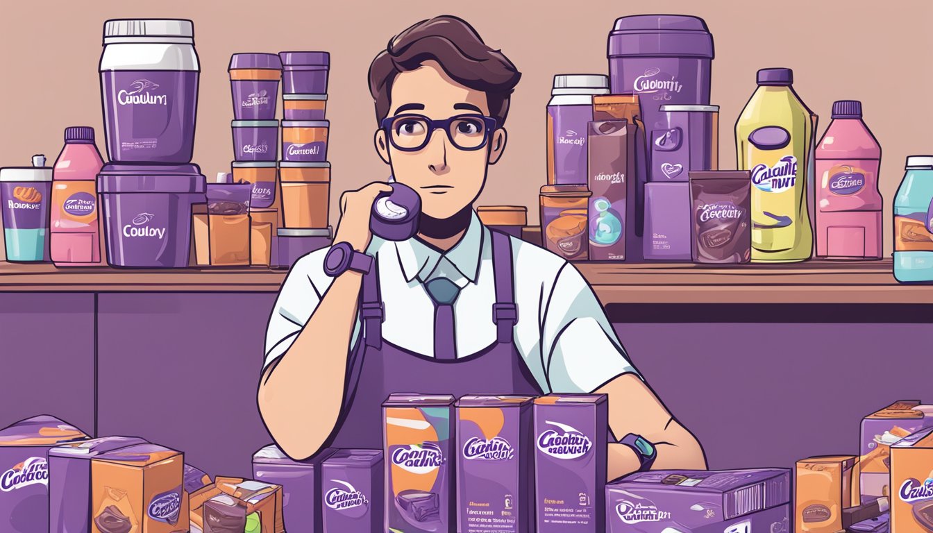 A person surrounded by empty Cadbury drinking chocolate containers, with a concerned expression, surrounded by health-related items like a scale and a heart rate monitor