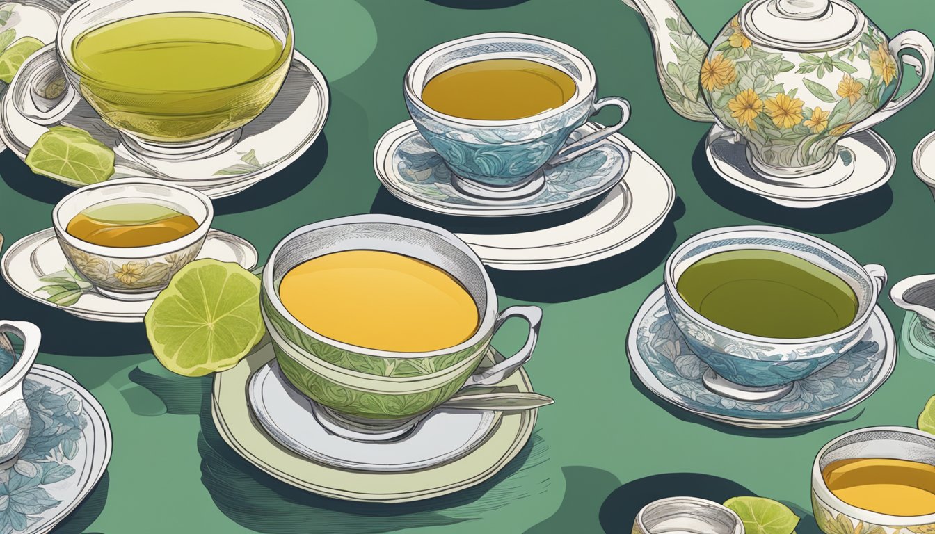 A table with various Numi organic tea flavors, with empty teacups piling up, indicating excessive consumption