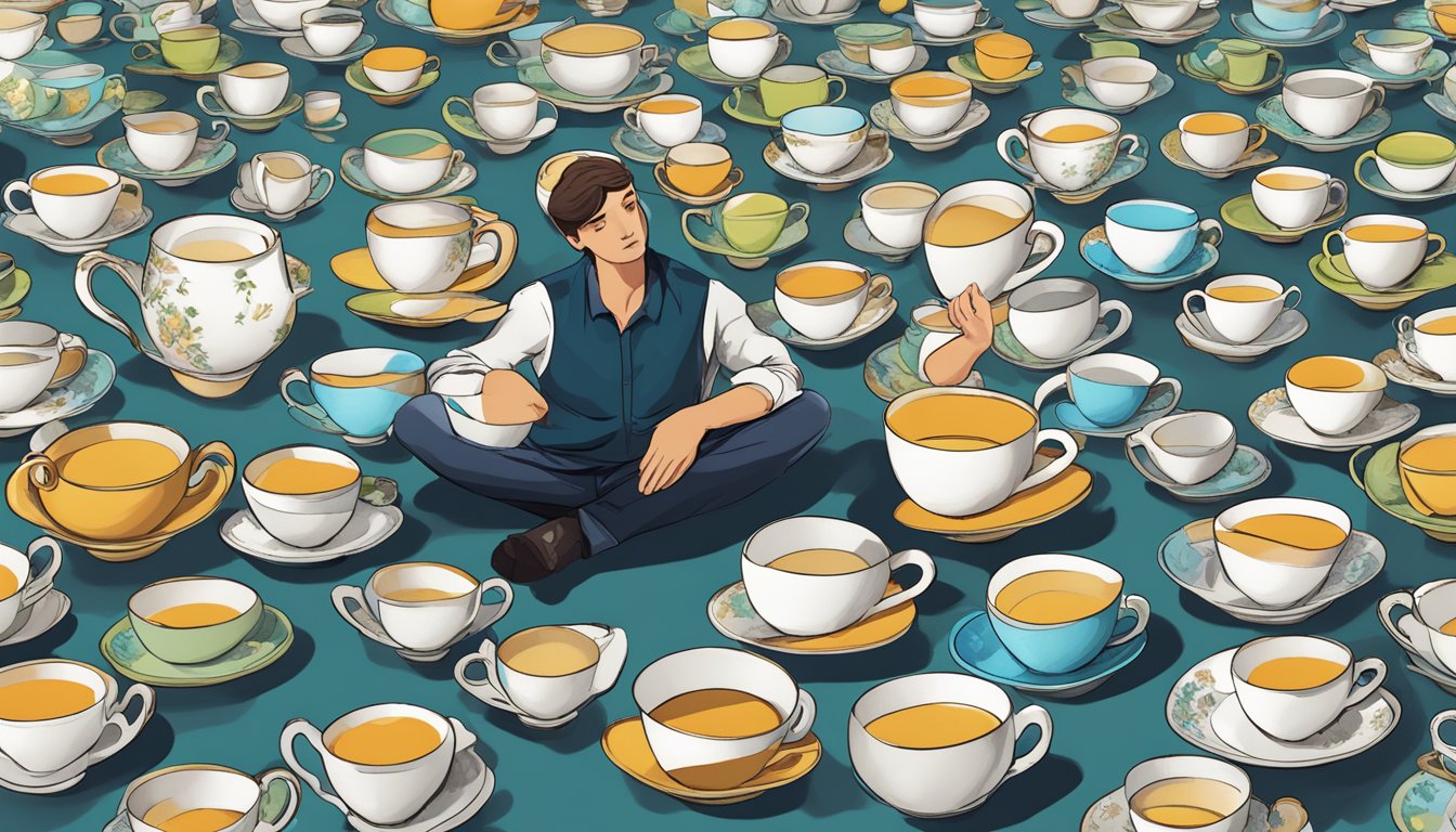 A person surrounded by empty tea cups, looking uncomfortable