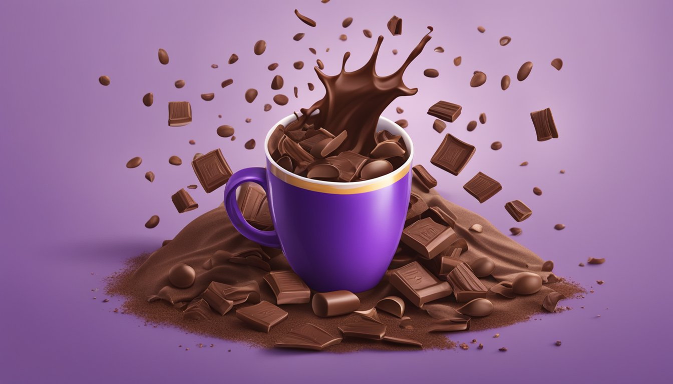 A pile of Cadbury drinking chocolate spills from an overflowing cup, surrounded by empty wrappers and scattered cocoa beans