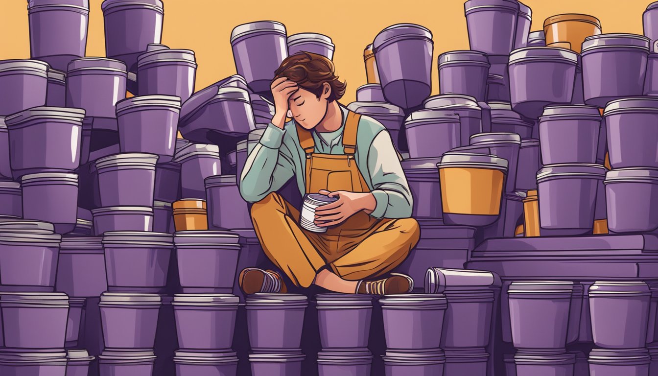 A person surrounded by empty Cadbury drinking chocolate containers, looking overwhelmed