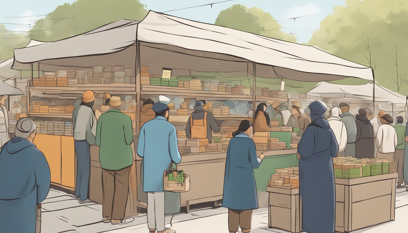 A crowded marketplace stall with stacks of Numi Organic Tea boxes and a steaming pot, with a line of customers waiting to purchase