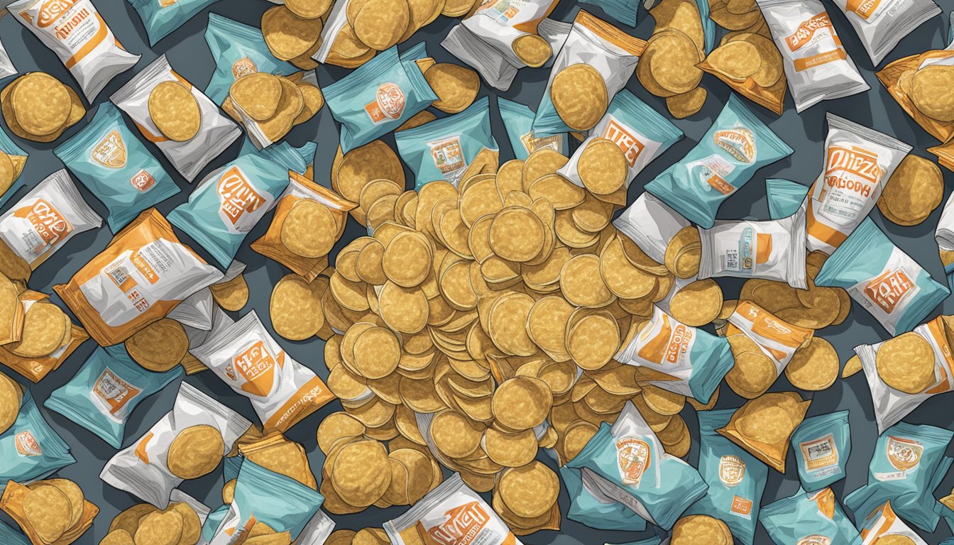 A person surrounded by empty Utz potato chip bags, with a pile of chips in front, indicating excessive consumption