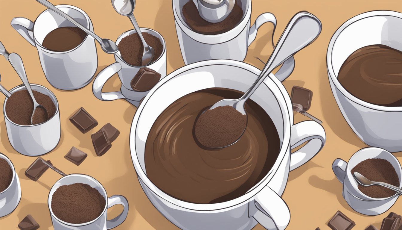 A person stirring a large mug of Cadbury drinking chocolate with a spoon, surrounded by empty mugs and chocolate powder