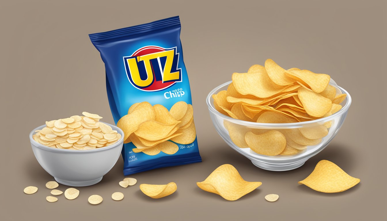 A bag of Utz potato chips overflowing from a bowl, with a measuring cup next to it showing the recommended serving size