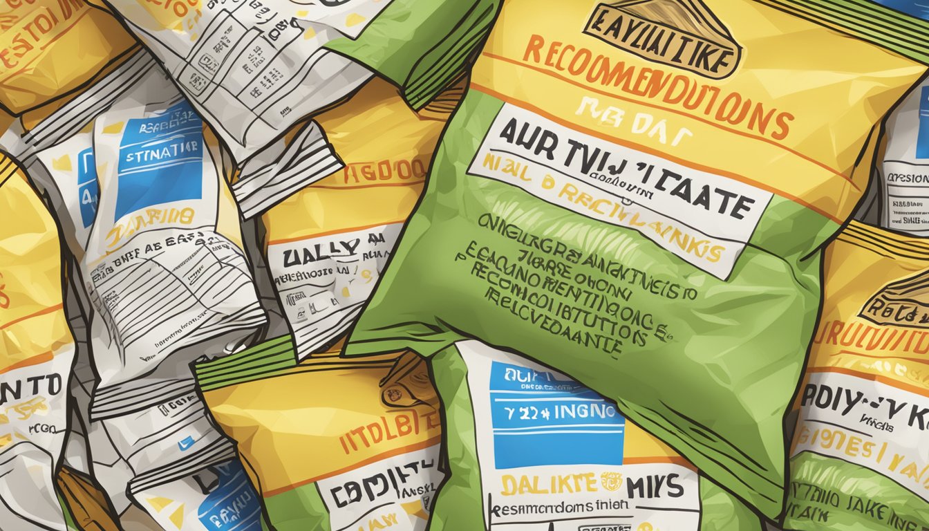 A pile of empty potato chip bags towering over a nutrition label with "Daily Intake Recommendations" highlighted