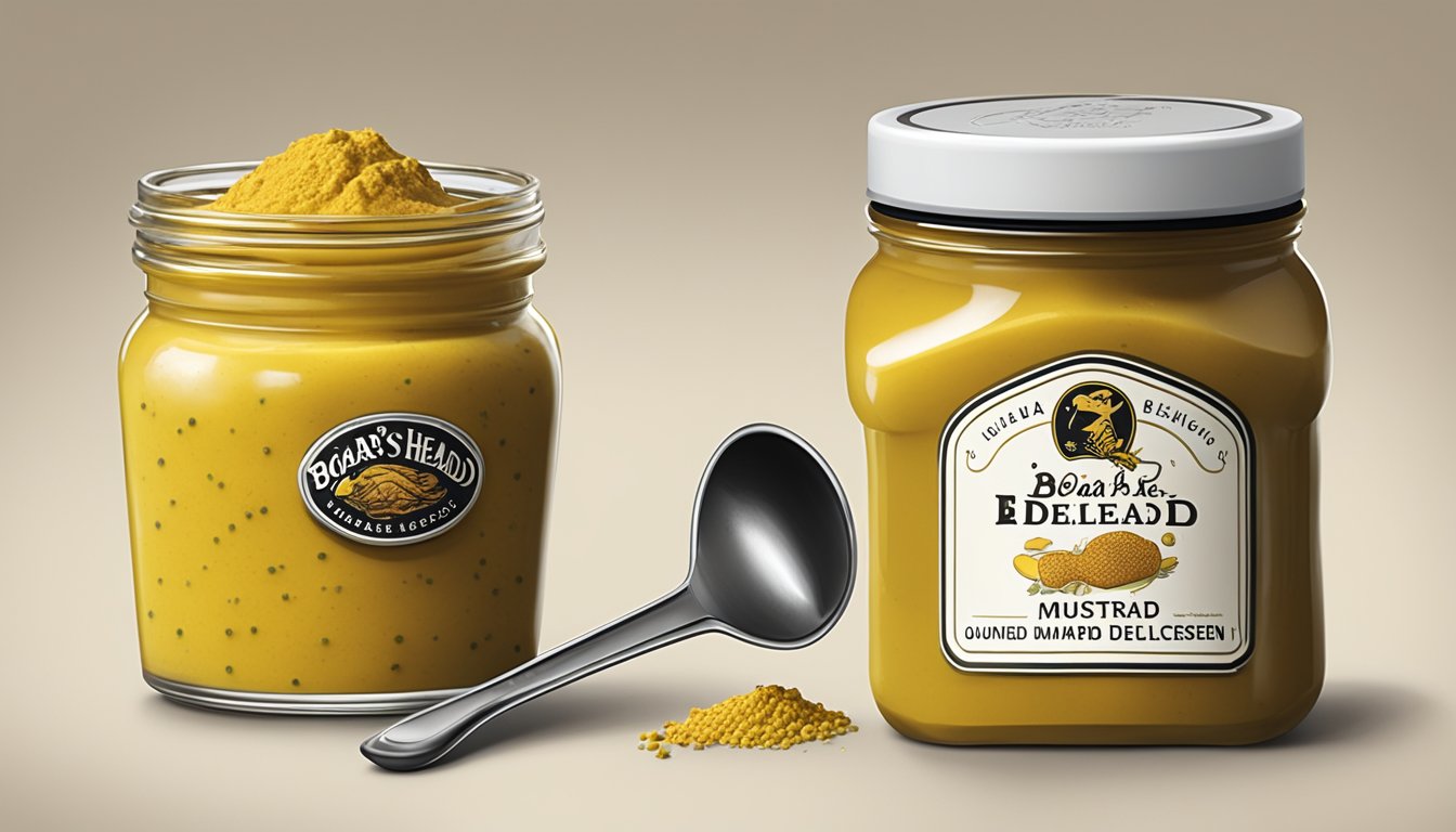 An overflowing jar of Boar's Head Delicatessen Style Mustard with a measuring spoon next to it, showing 83 servings consumed in a day