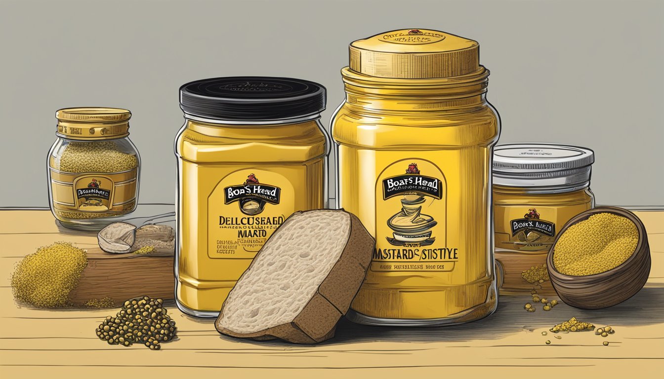 A jar of Boar's Head Delicatessen Style Mustard overflowing with excessive usage