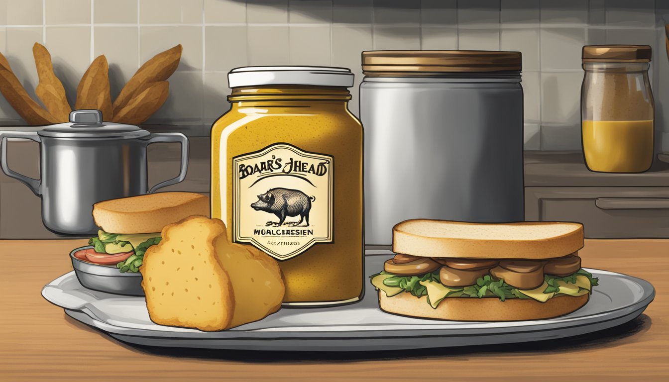 A jar of Boar's Head Delicatessen Style Mustard sits on a kitchen counter, with a few sandwiches nearby