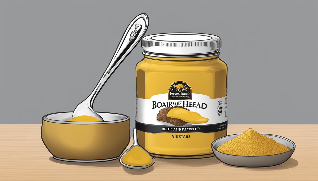 A jar of Boar's Head Deli Style Mustard with a measuring spoon next to it, indicating the recommended serving size