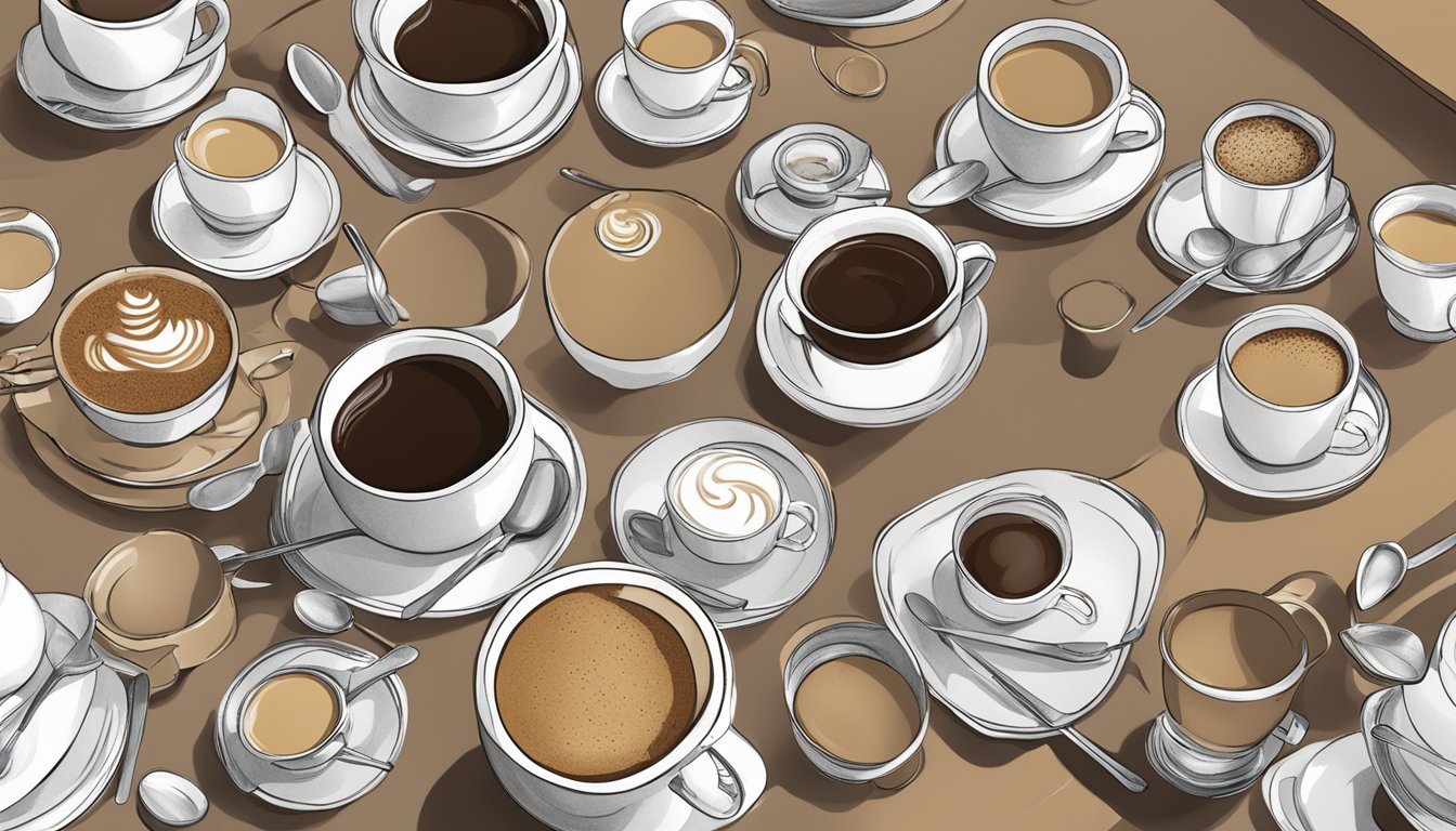 A table with various types of Peet's Coffee, surrounded by multiple empty cups