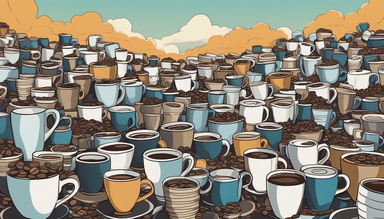 A crowded coffee cup graveyard, with piles of empty Peet's coffee cups stacked high, surrounded by alternative decaffeinated beverages