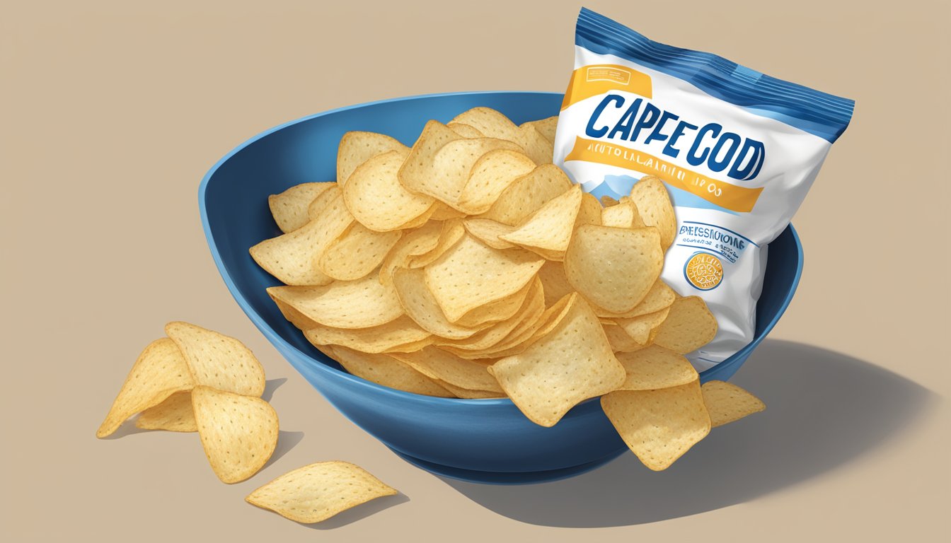 A bag of Cape Cod potato chips overflowing from a bowl, surrounded by empty chip bags, with a nutrition label showing servings exceeding daily recommendations