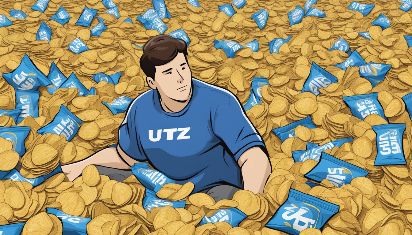 A pile of empty Utz potato chip bags surrounds a person-sized chip bowl, indicating excessive consumption