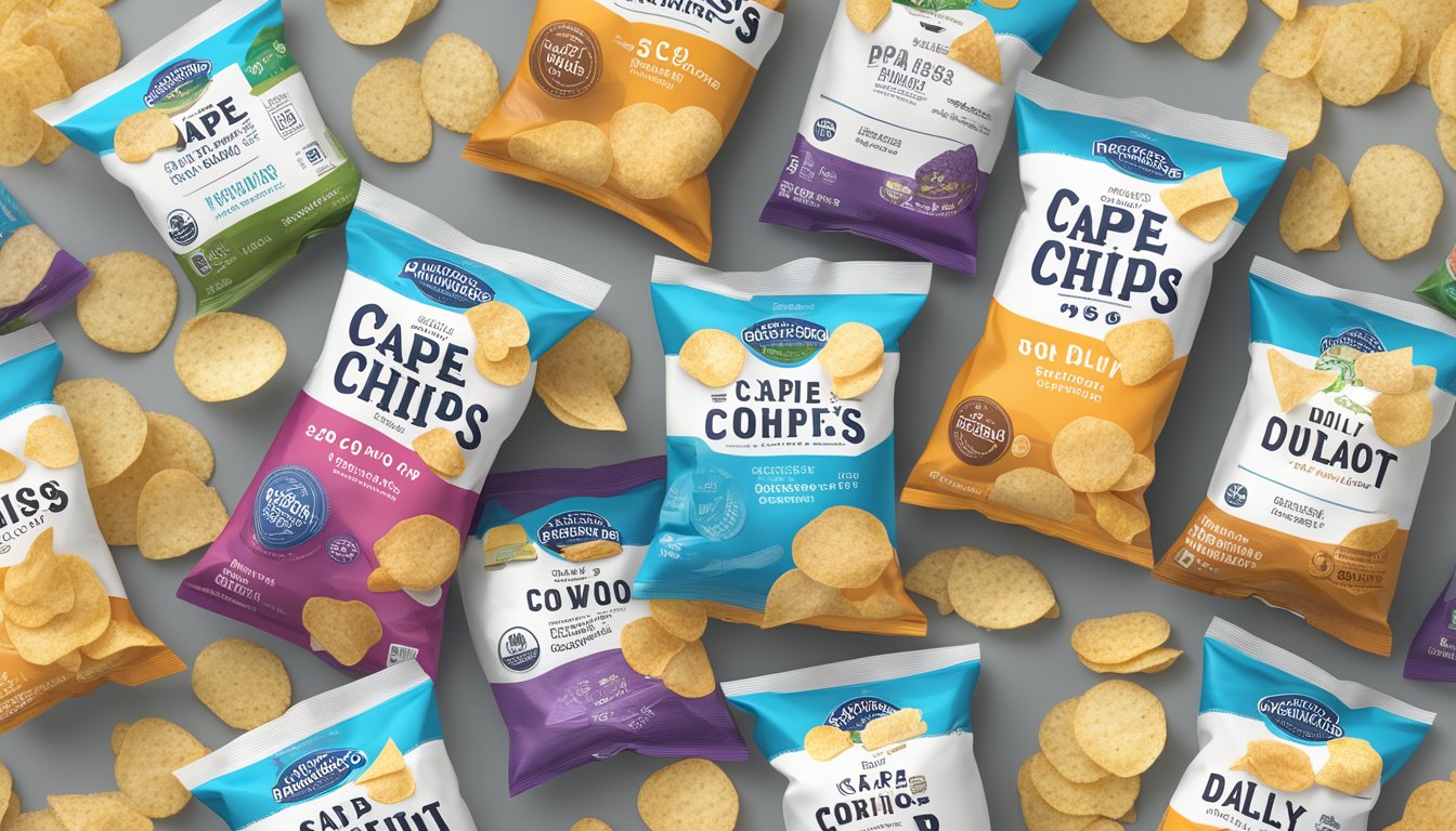 Several overflowing bags of Cape Cod potato chips surround a nutrition label with daily recommendations highlighted