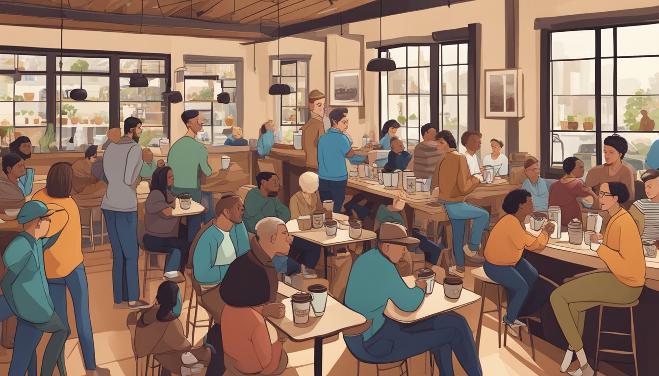 A crowded coffee shop with various people of different ages and backgrounds enjoying cups of Peet's coffee