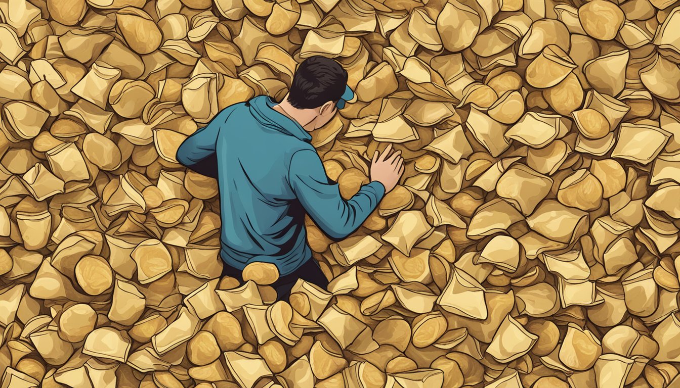 A person reaching for a large pile of potato chips, surrounded by empty chip bags