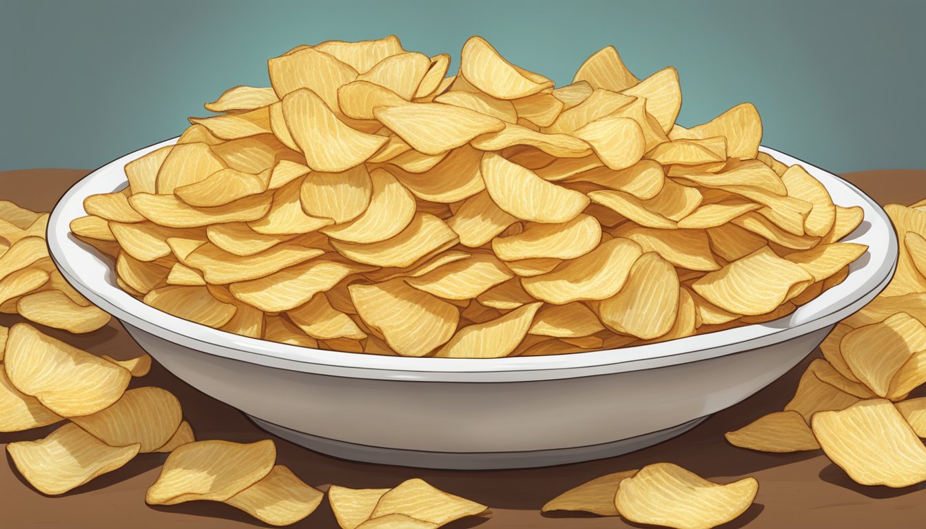 A large pile of Cape Cod potato chips overflowing from a small snack bowl, indicating excessive servings exceeding daily recommendations