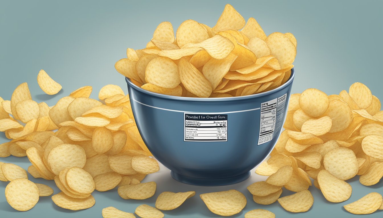 A bag of Cape Cod potato chips overflowing from a bowl, with a nutrition label showing servings exceeding daily recommendations