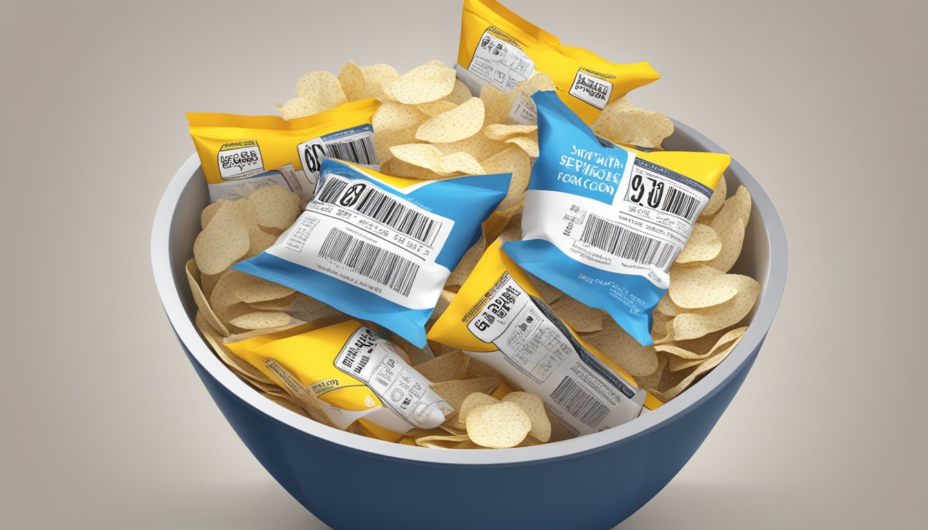 A pile of Cape Cod potato chip bags overflowing from a snack bowl, with a nutrition label showing servings exceeding daily recommendations