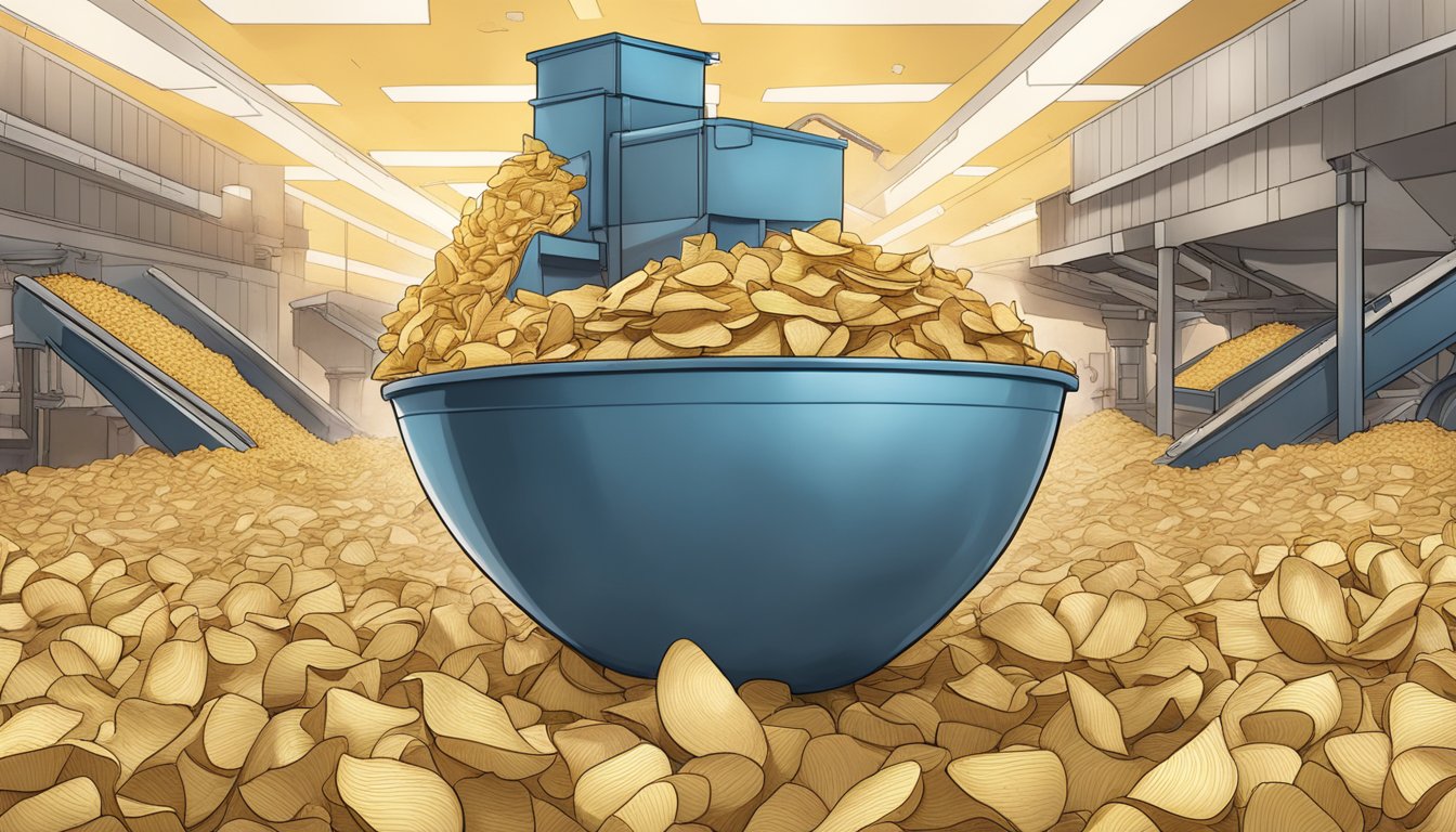 A pile of Cape Cod potato chip bags spills out of a large, overflowing bowl, surrounded by scattered potato slices and a factory processing line