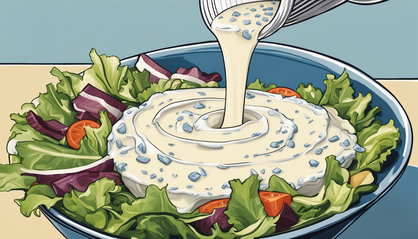 A bottle of Kens Steak House blue cheese dressing pouring excessively over a salad